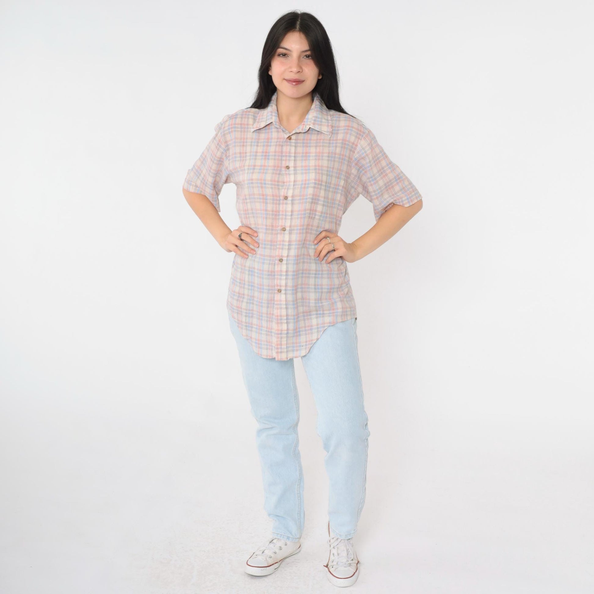 80s Cream Plaid Button-Up Shirt Pink Blue Checkered Short Sleeve Medium