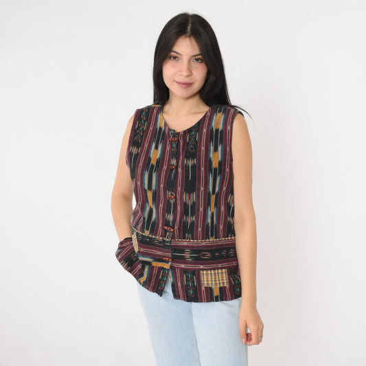 90s Ikat Striped Sleeveless Button-Up Shirt Black Multicolor Medium M