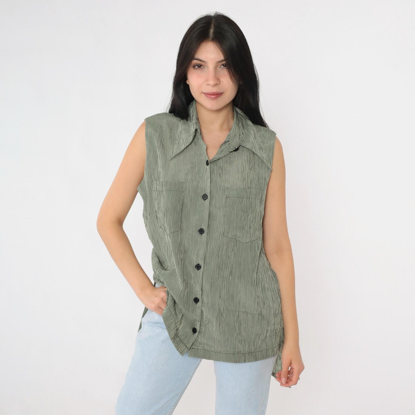 90s Marianna Black Cream Checkered Sleeveless Blouse Long Tail Button Up Large