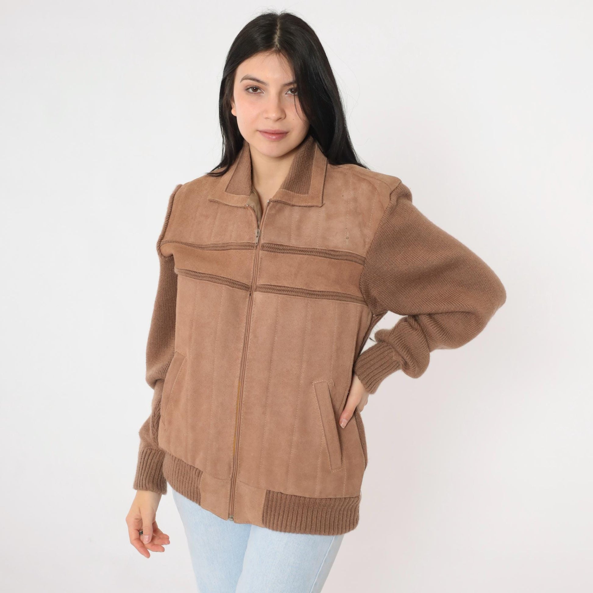 80s Repage Brown Suede Leather Bomber Jacket Striped Knit Medium