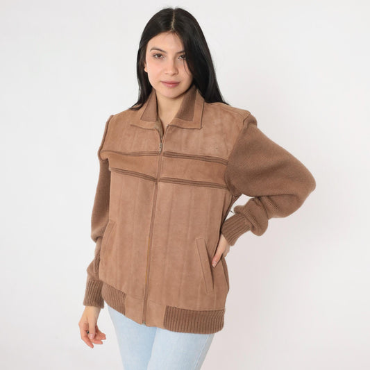 80s Repage Brown Suede Leather Bomber Jacket Striped Knit Medium