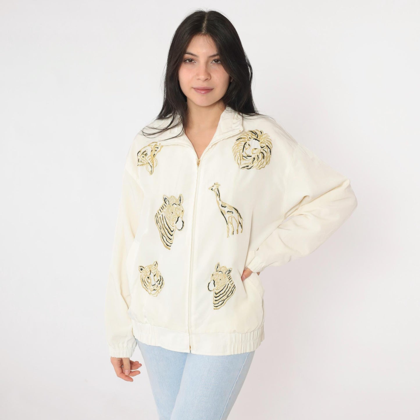 90s Safari Animal Windbreaker Jacket Off-White Embroidered Gold Small S