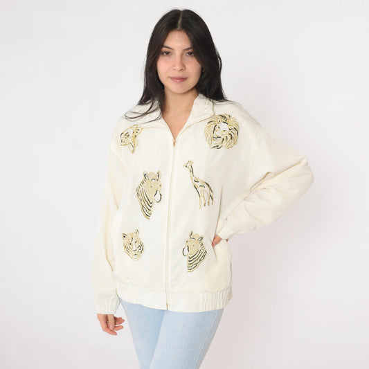 90s Safari Animal Windbreaker Jacket Off-White Embroidered Gold Small S