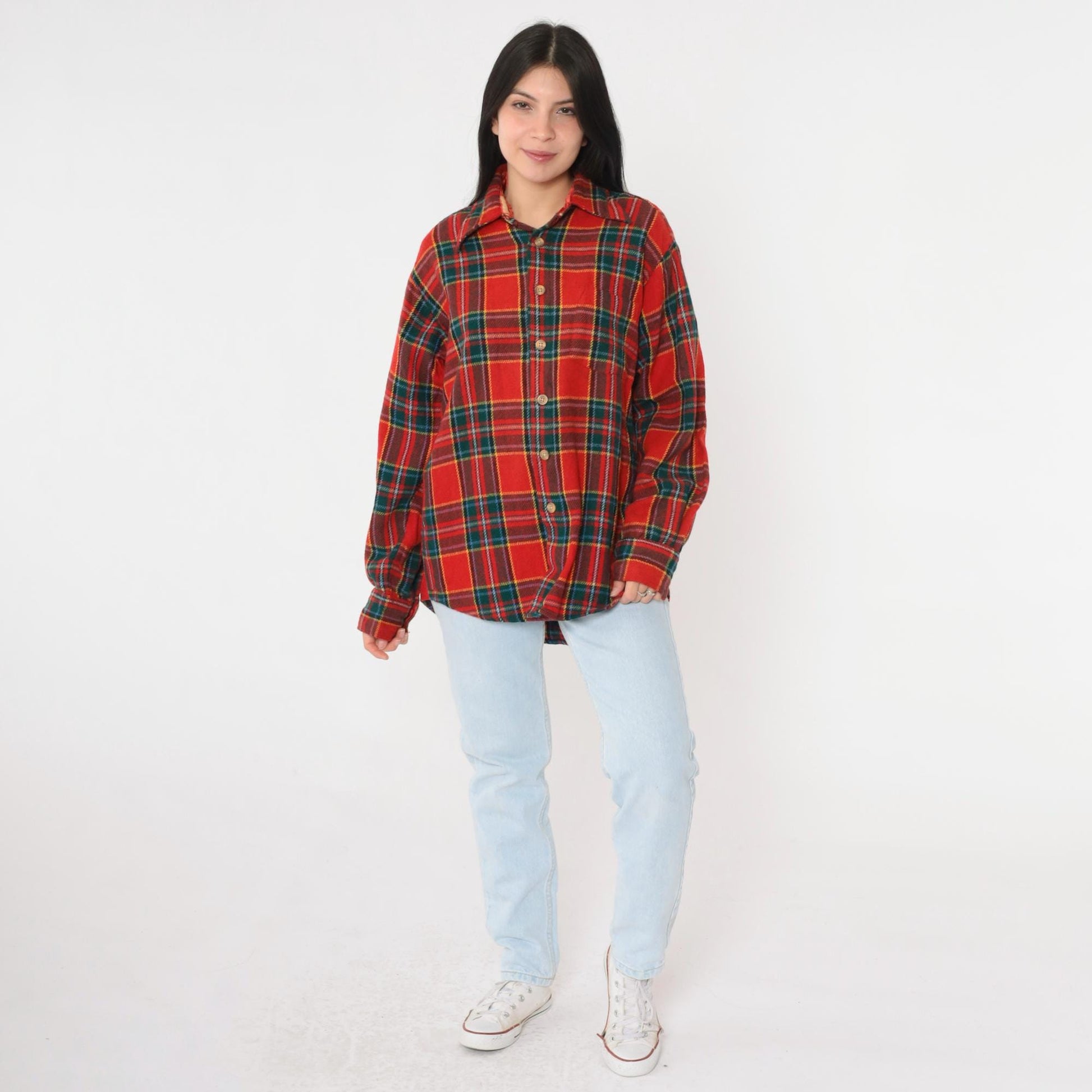 70s Red Plaid Wool Shirt Button Up Long Sleeve Tartan Large