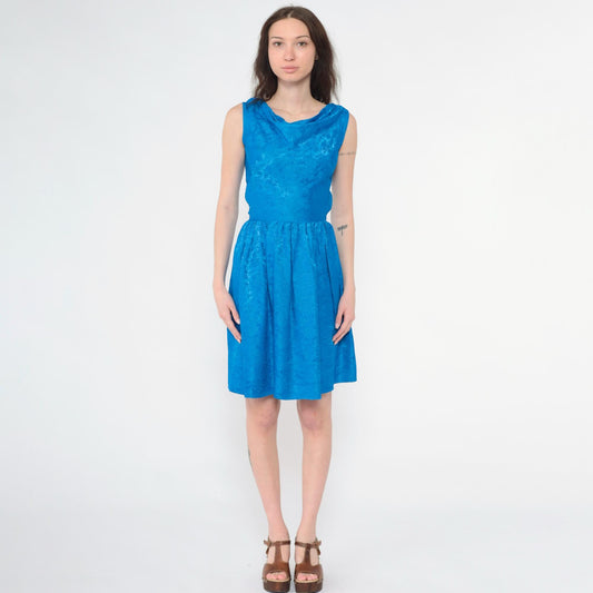 60s Blue Damask Floral Jacquard Cocktail Dress Sleeveless Fit Flare Extra Small