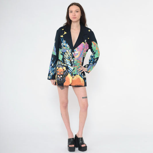 90s Kolorway Painted Jungle Animal Blazer Cotton Lion Zebra Medium M