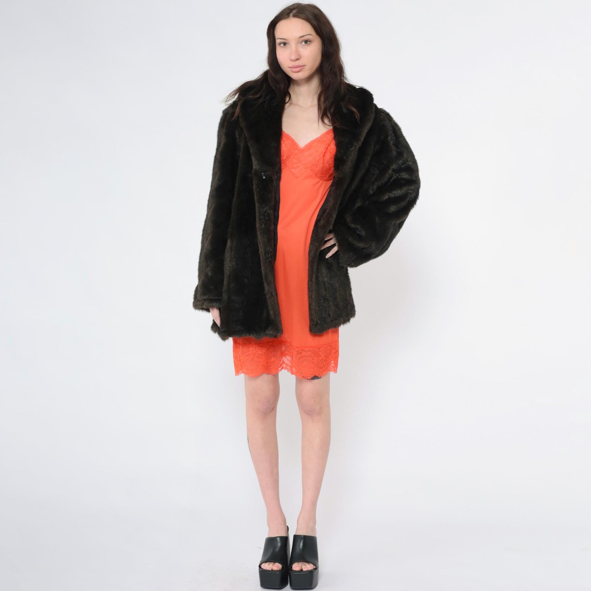 90s Brown Faux Fur Jacket Shawl Collar Short Coat Extra Large XL