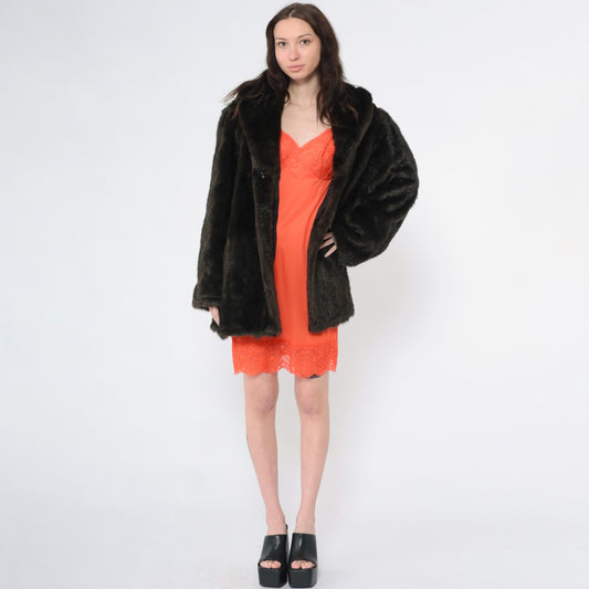 90s Brown Faux Fur Jacket Shawl Collar Short Coat Extra Large XL