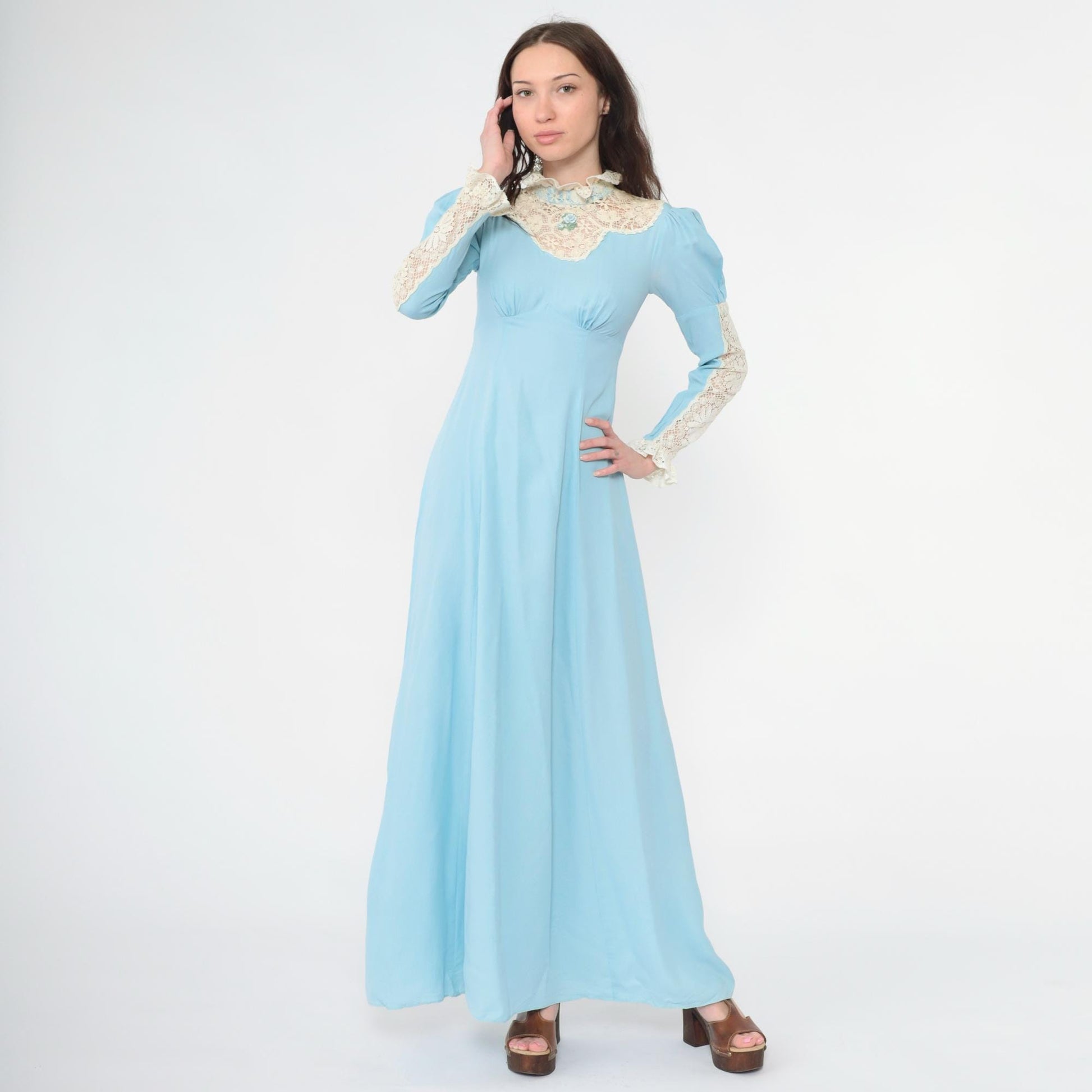 70s Light Blue Maxi Dress Lace Yoke Puff Sleeve High Neck Empire Waist Extra Small