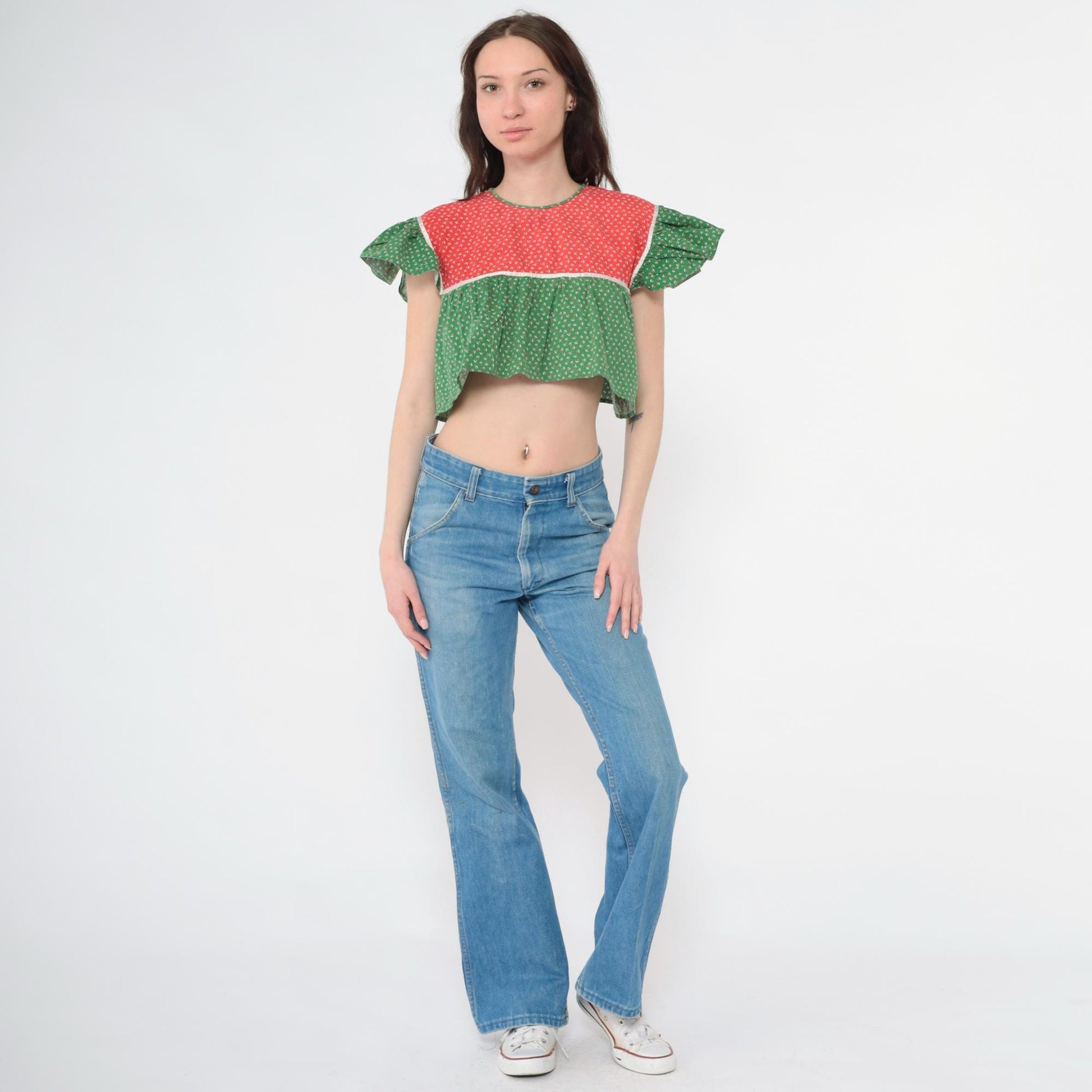 70s Red Green Calico Floral Peasant Blouse Crop Top Flutter Sleeve Small