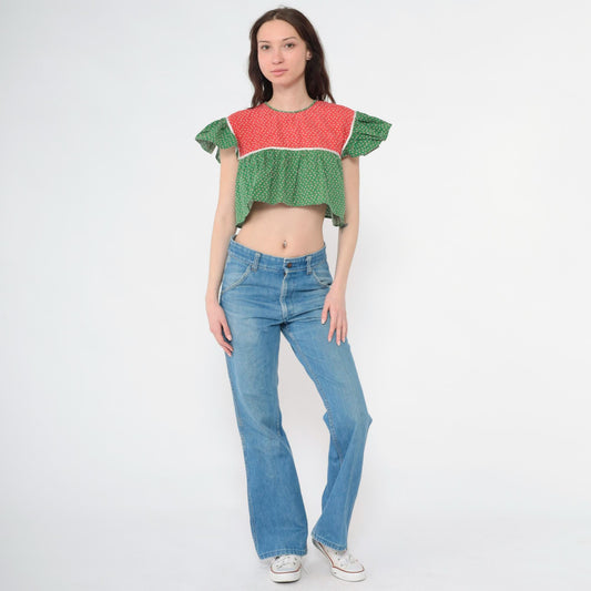 70s Red Green Calico Floral Peasant Blouse Crop Top Flutter Sleeve Small
