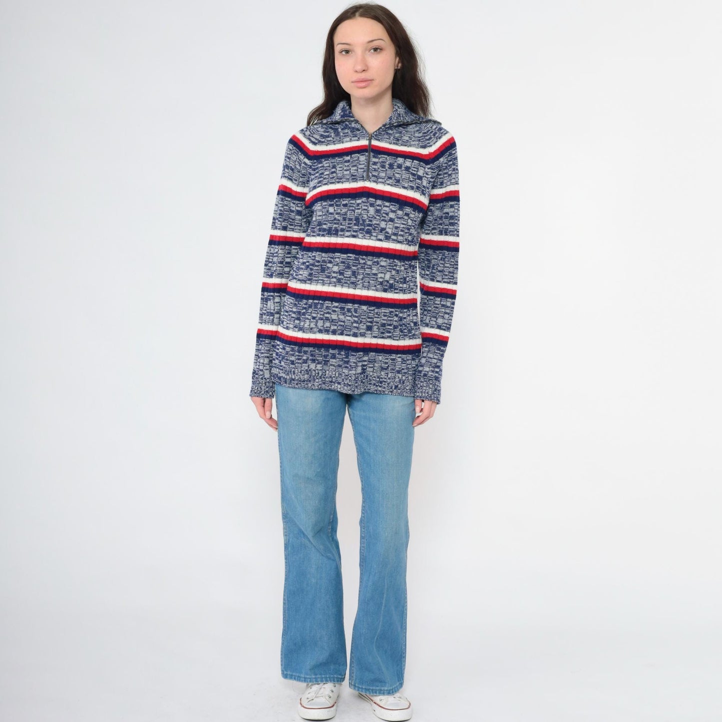 70s Space Dye Striped Quarter Zip Sweater Blue Red White Knit Small