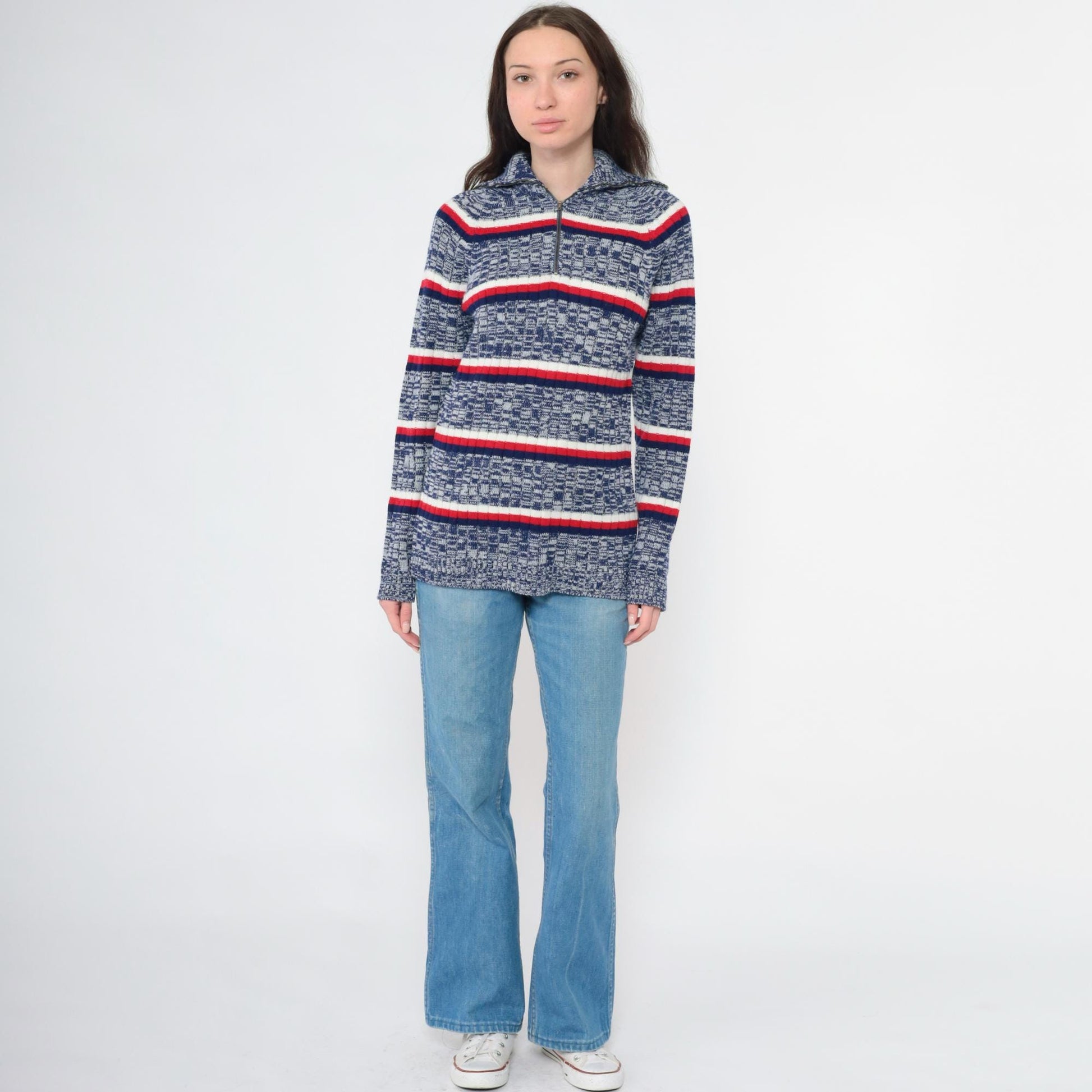 70s Space Dye Striped Quarter Zip Sweater Blue Red White Knit Small
