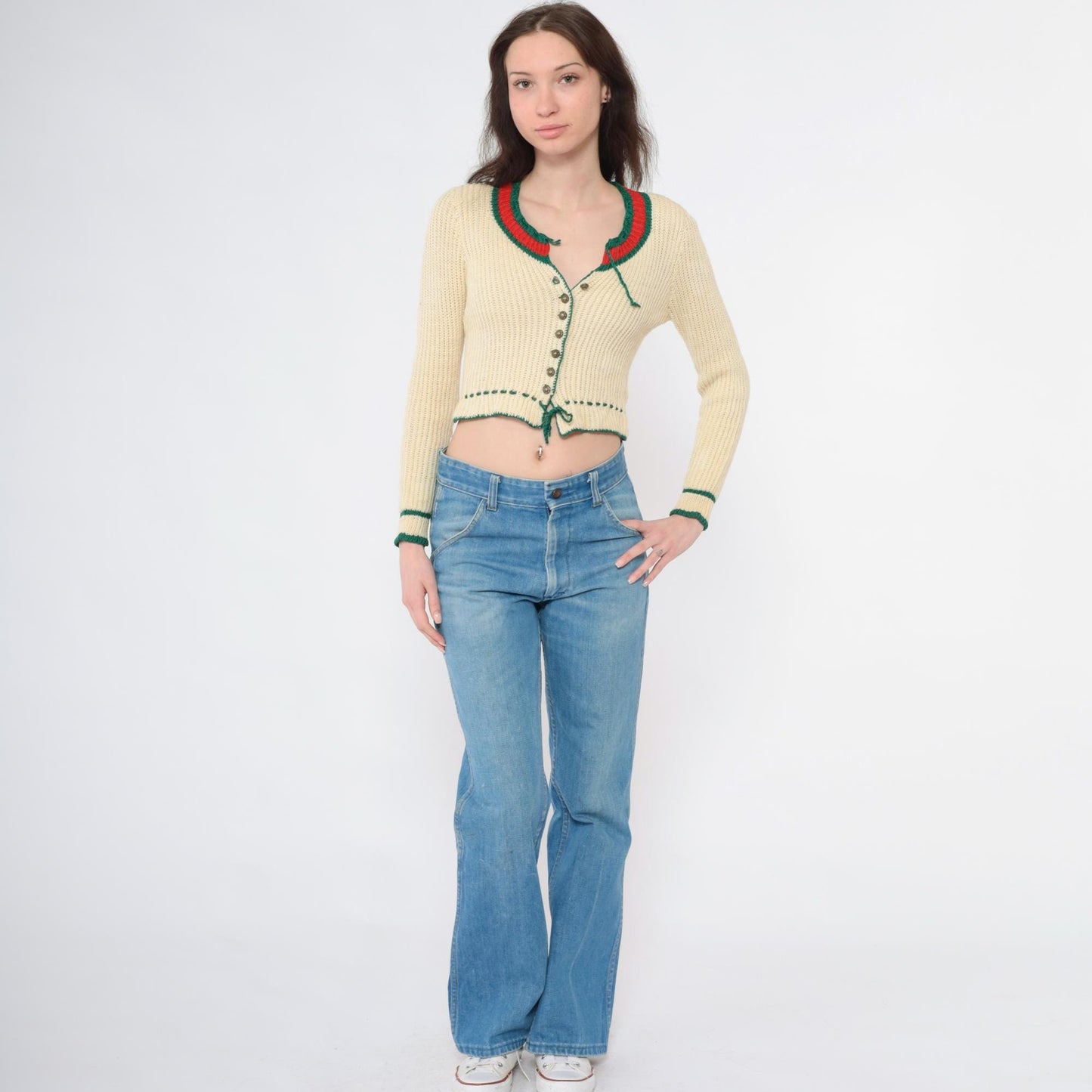 70s Cream Knit Cardigan Cropped Alpine Folk Red Green Trim Extra Small