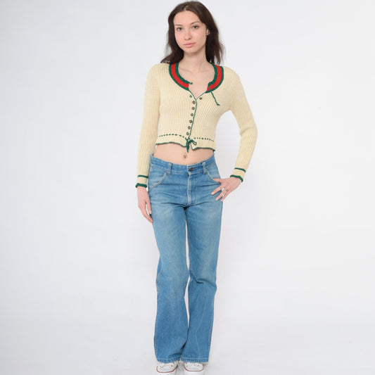 70s Cream Knit Cardigan Cropped Alpine Folk Red Green Trim Extra Small