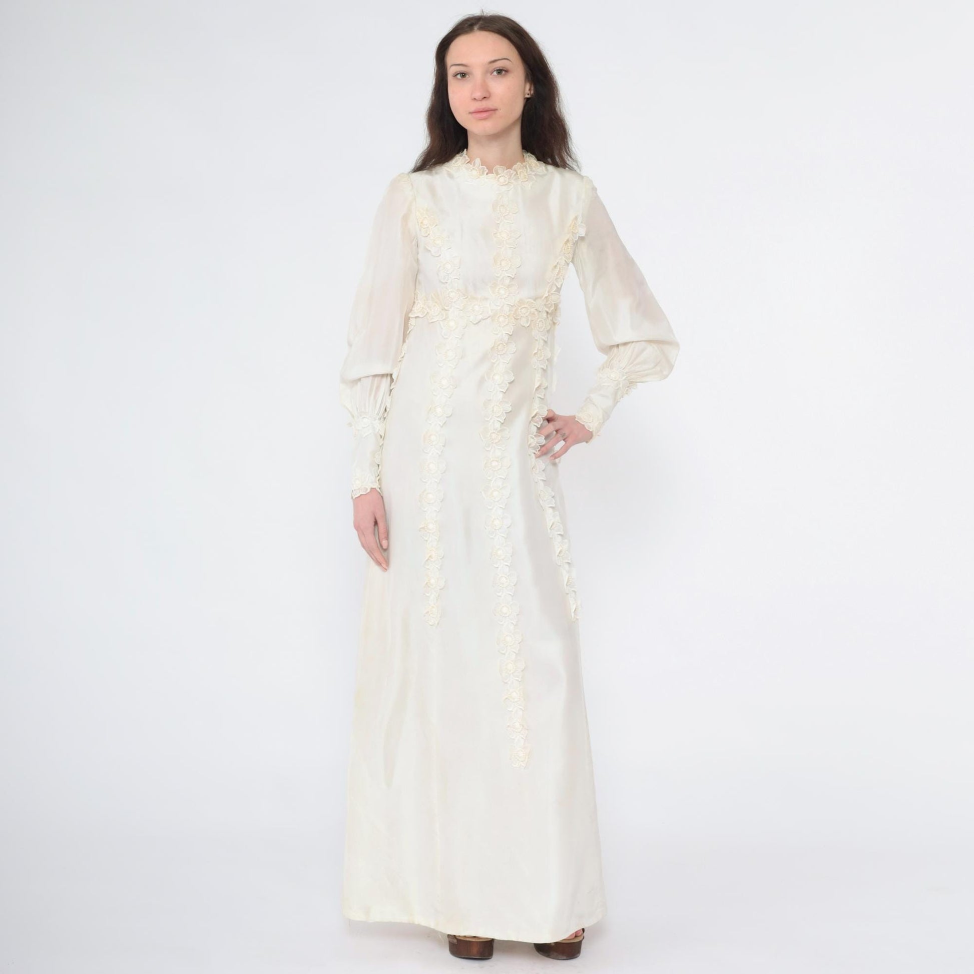 1960s Ivory Satin Wedding Dress Empire Waist Bishop Sleeve Floral Appliqué Extra Small