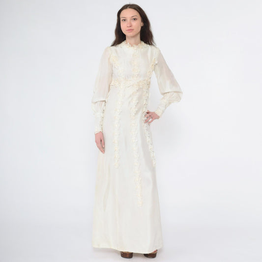 1960s Ivory Satin Wedding Dress Empire Waist Bishop Sleeve Floral Appliqué Extra Small