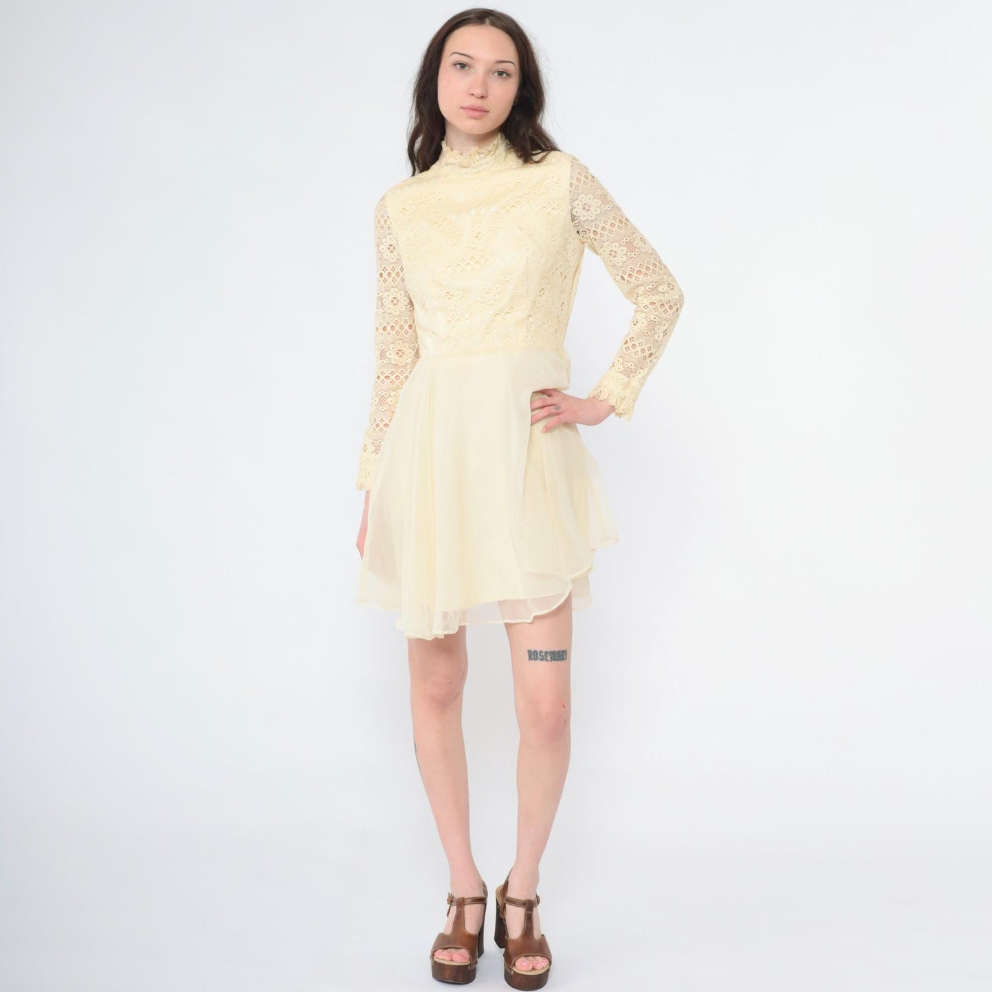 Late 60s Early 70s Cream Lace Mini Dress High Neck Sheer Sleeves Small