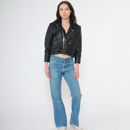 90s Black Leather Biker Jacket Cropped Moto Zip Epaulette Extra Small XS