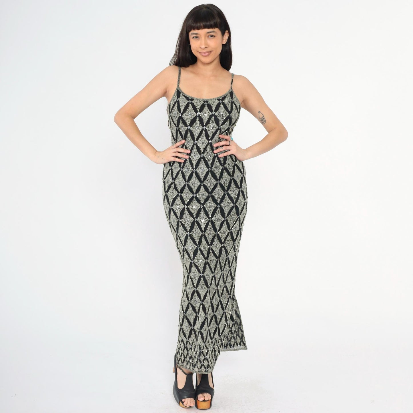 Y2K Adrianna Papell Silk Beaded Maxi Dress Black Silver Sequin Spaghetti Strap Small