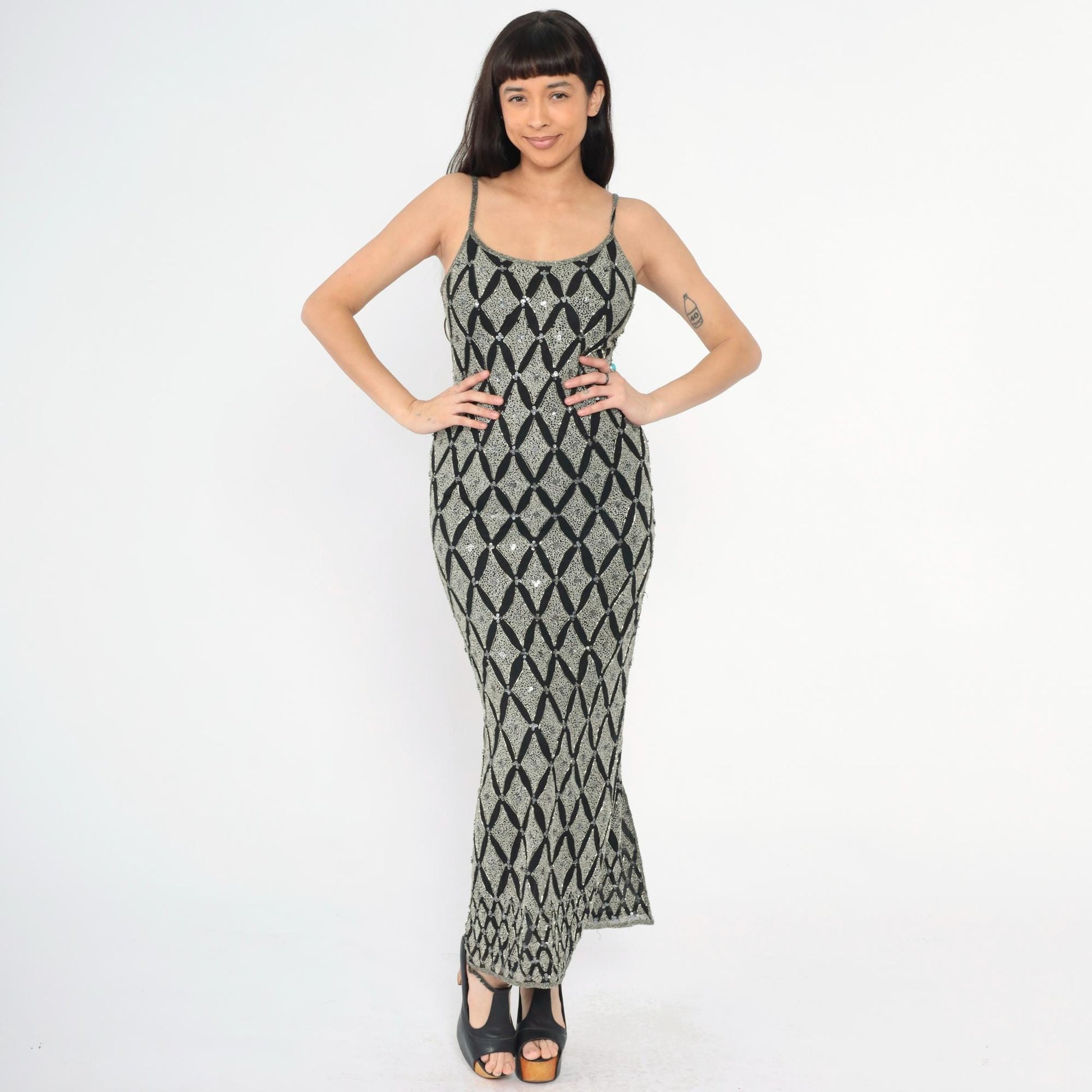 Y2K Adrianna Papell Silk Beaded Maxi Dress Black Silver Sequin Spaghetti Strap Small