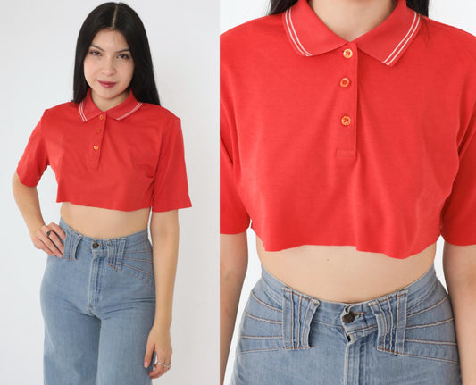 80s Cougar Golf Polo Crop Top Red White Stripe Raw Hem Small S