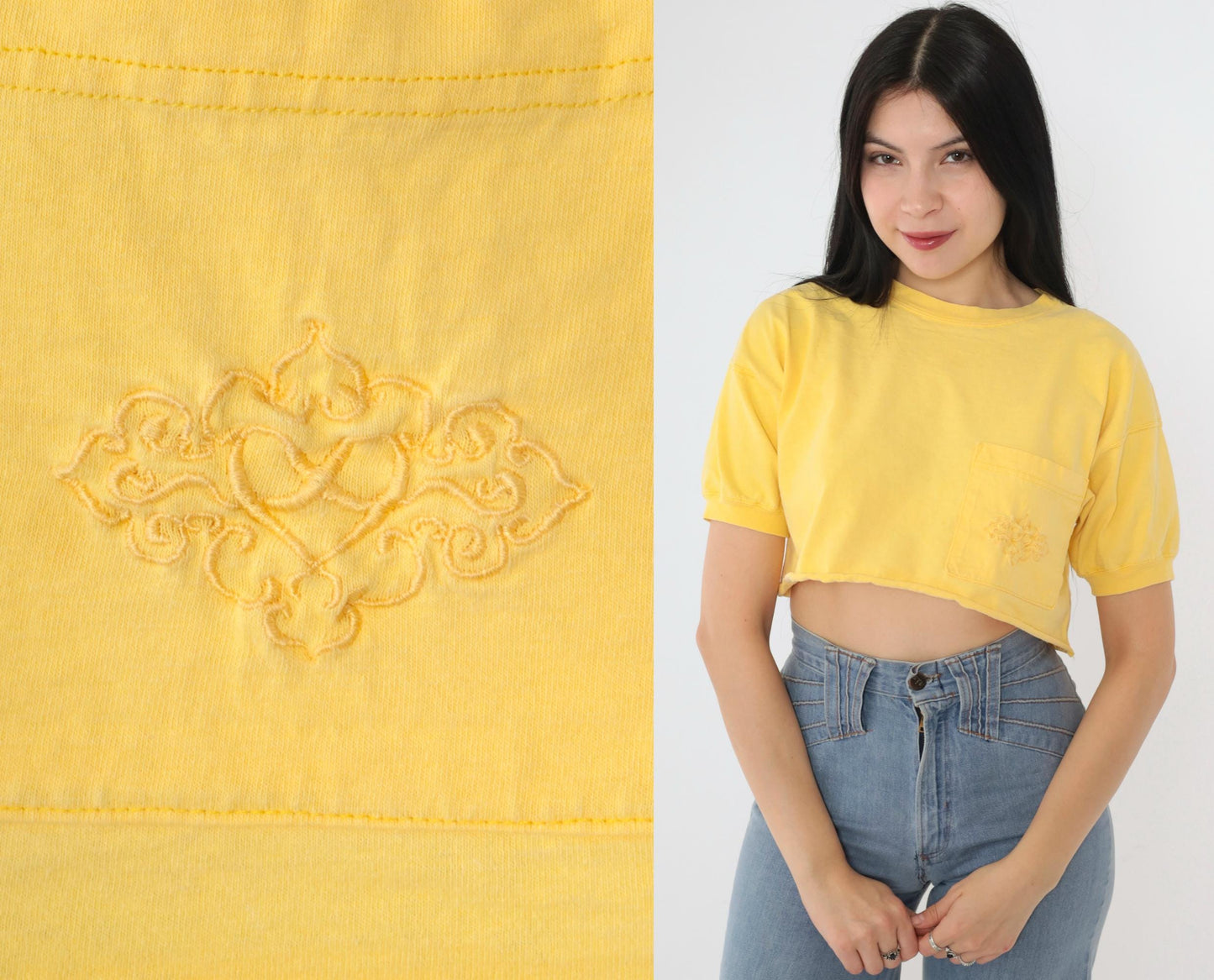 90s Yellow Crop Top Embroidered Pocket T-Shirt Small Medium