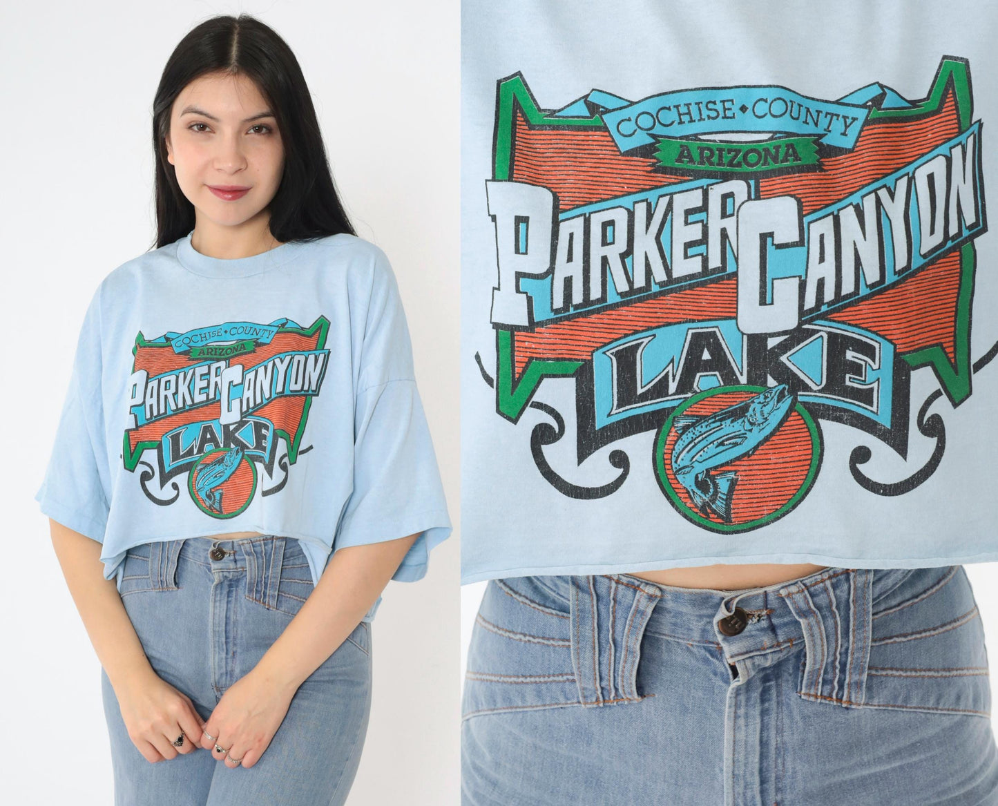 90s Parker Canyon Lake Arizona Fishing Graphic Crop Tee Baby Blue XXL
