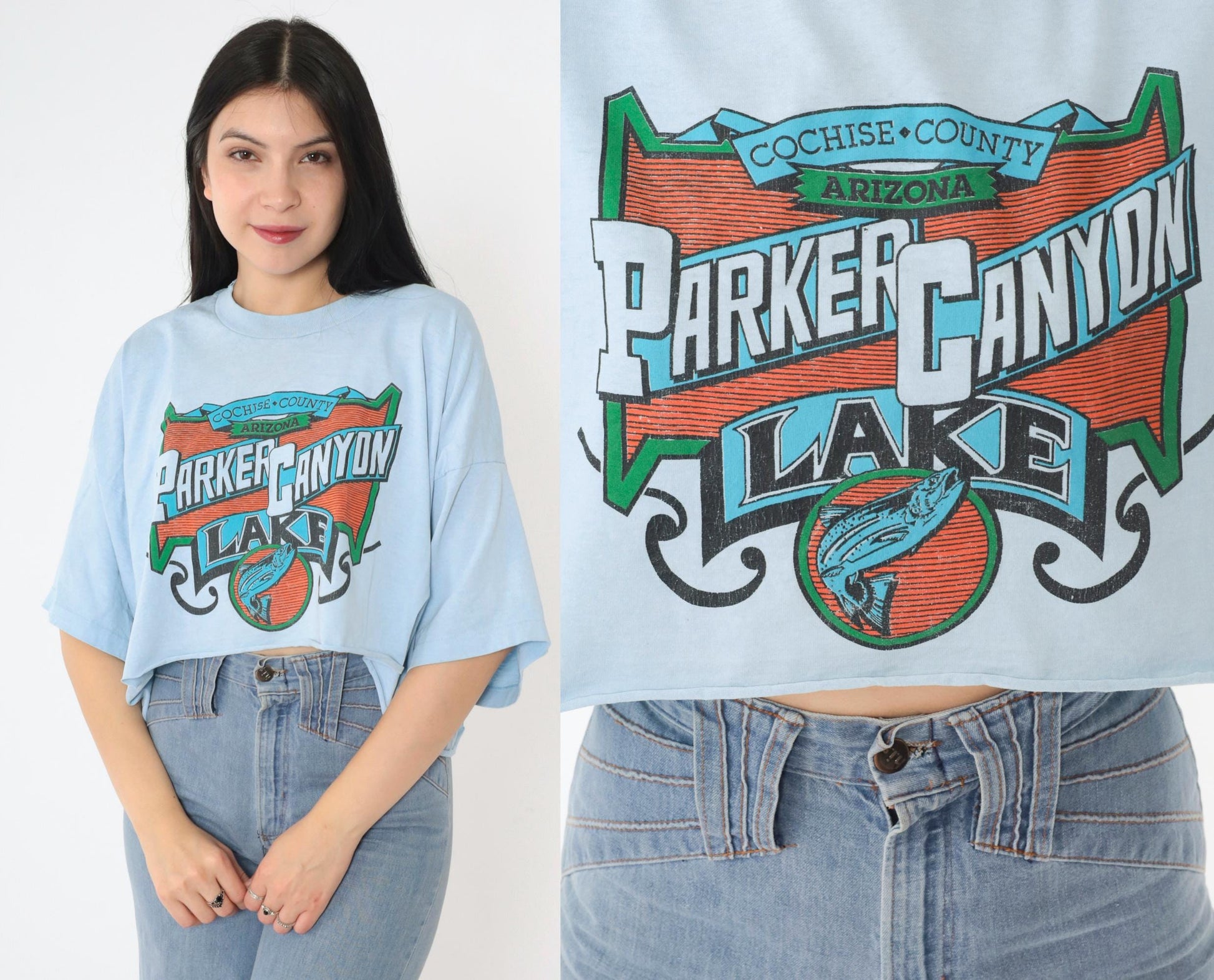 90s Parker Canyon Lake Arizona Fishing Graphic Crop Tee Baby Blue XXL