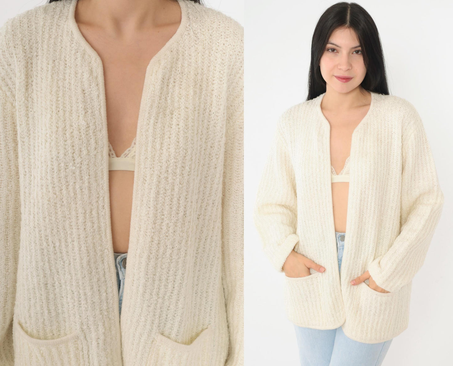 80s Sideffects Ivory Cardigan Ribbed Knit Open Front Pockets Large L