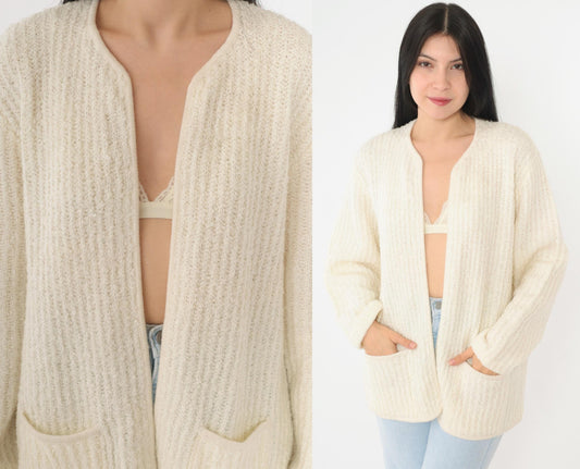 80s Sideffects Ivory Cardigan Ribbed Knit Open Front Pockets Large L