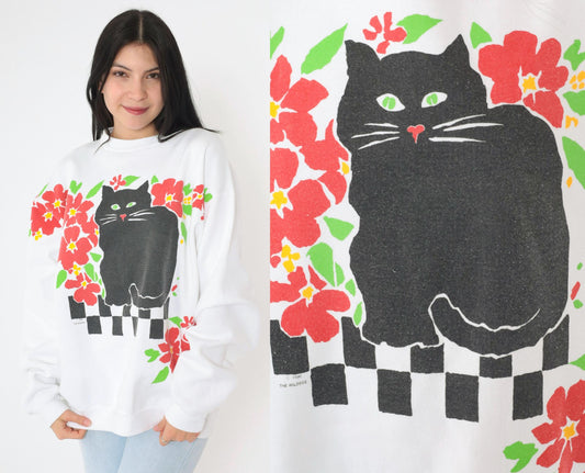90s Cat Sweatshirt Black Graphic Crewneck White Red Hearts Large L