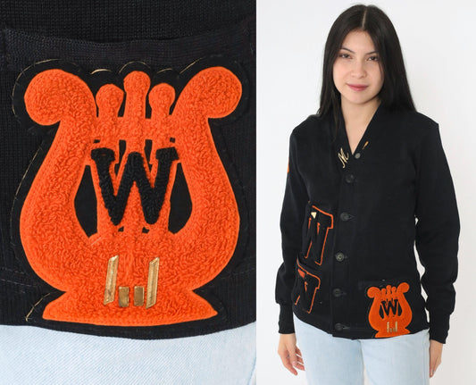 1950s Wilson Black Wool Varsity Cardigan Orange Chenille Patches Small