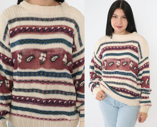 90s Woolrich Cream Knit Floral Sheer Stripe Pullover Crew Neck Medium M
