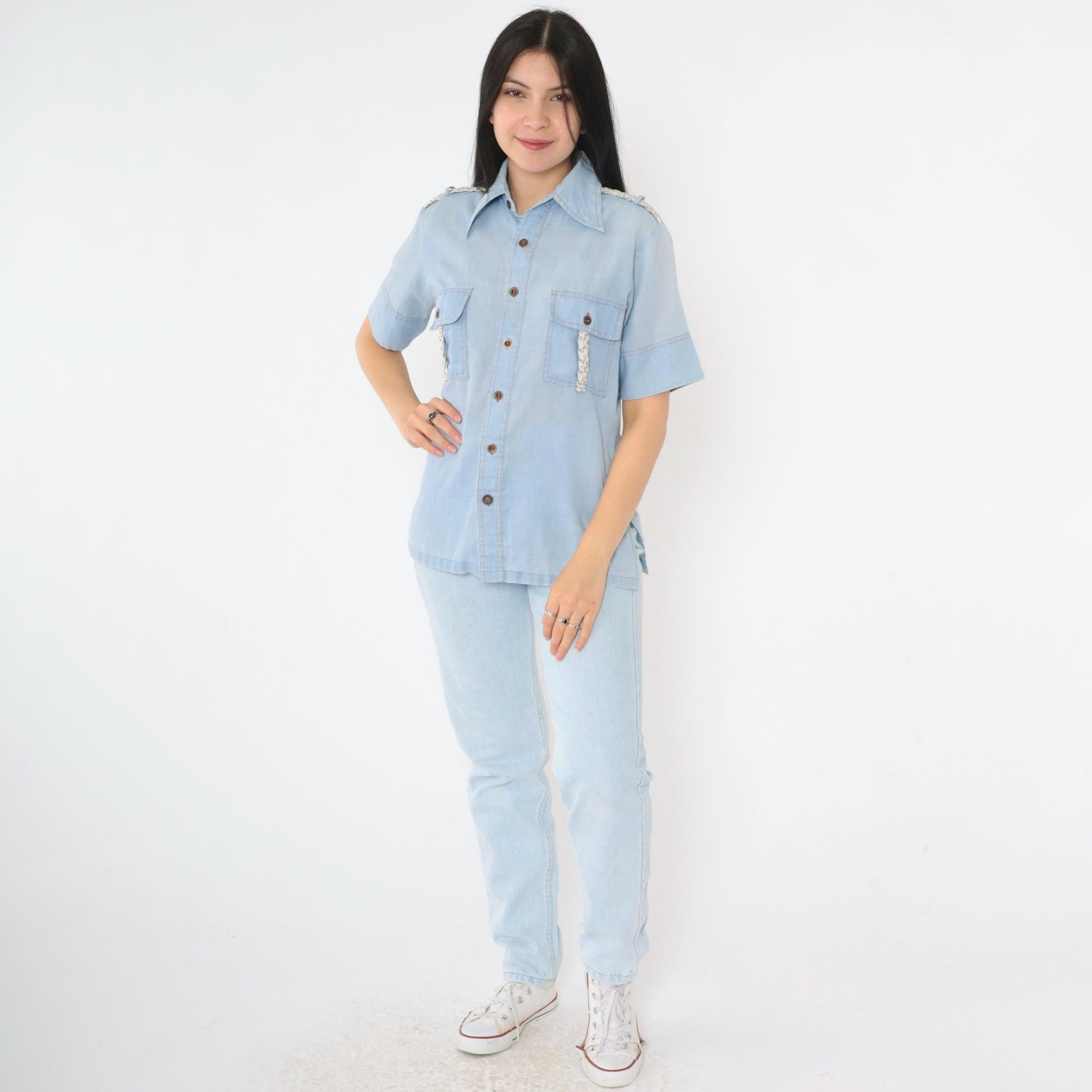 70s Alfie California Chambray Shirt Blue Epaulette Button Up Small