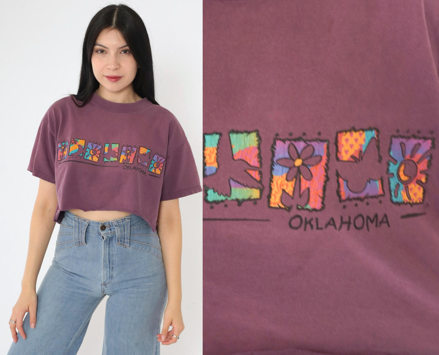 90s Oklahoma Floral Crop Top Burgundy Graphic T-Shirt Medium
