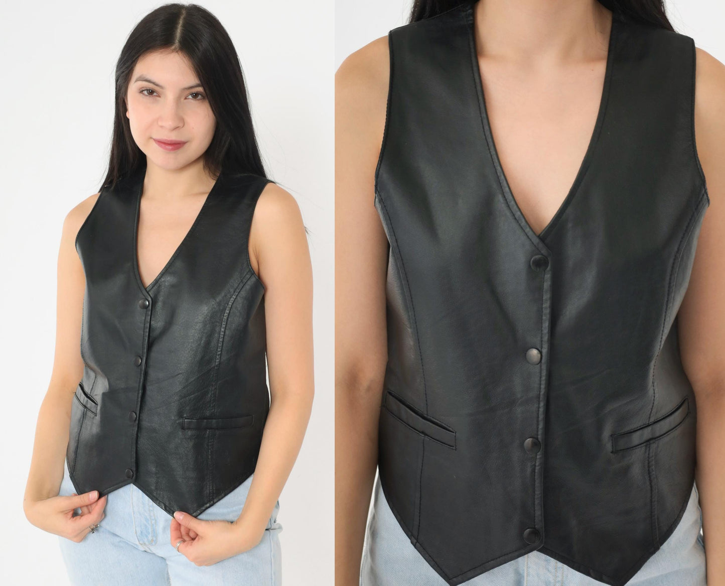 90s Black Leather Vest Snap Button Sleeveless Top Extra Small