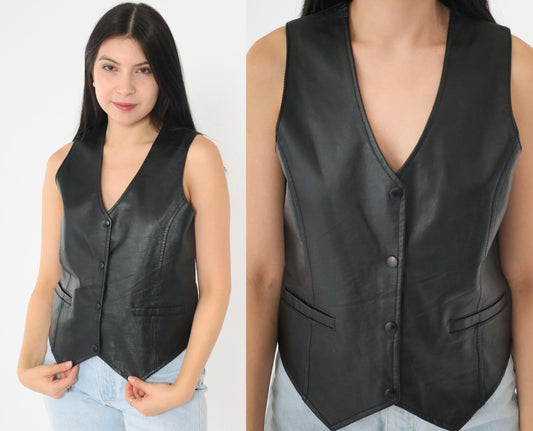 90s Black Leather Vest Snap Button Sleeveless Top Extra Small