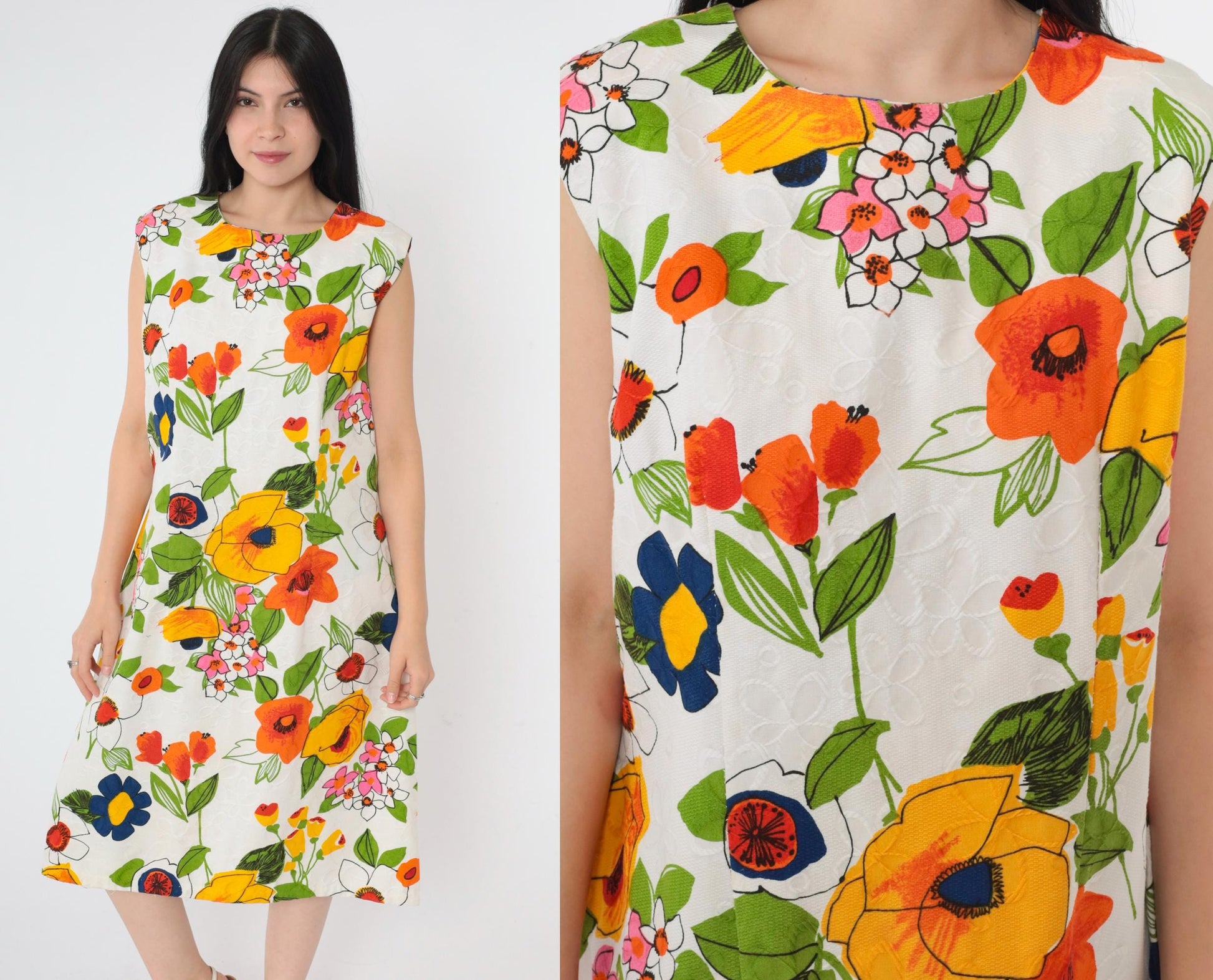1960s Mod Floral A-Line Dress White Yellow Orange Green Sleeveless Large