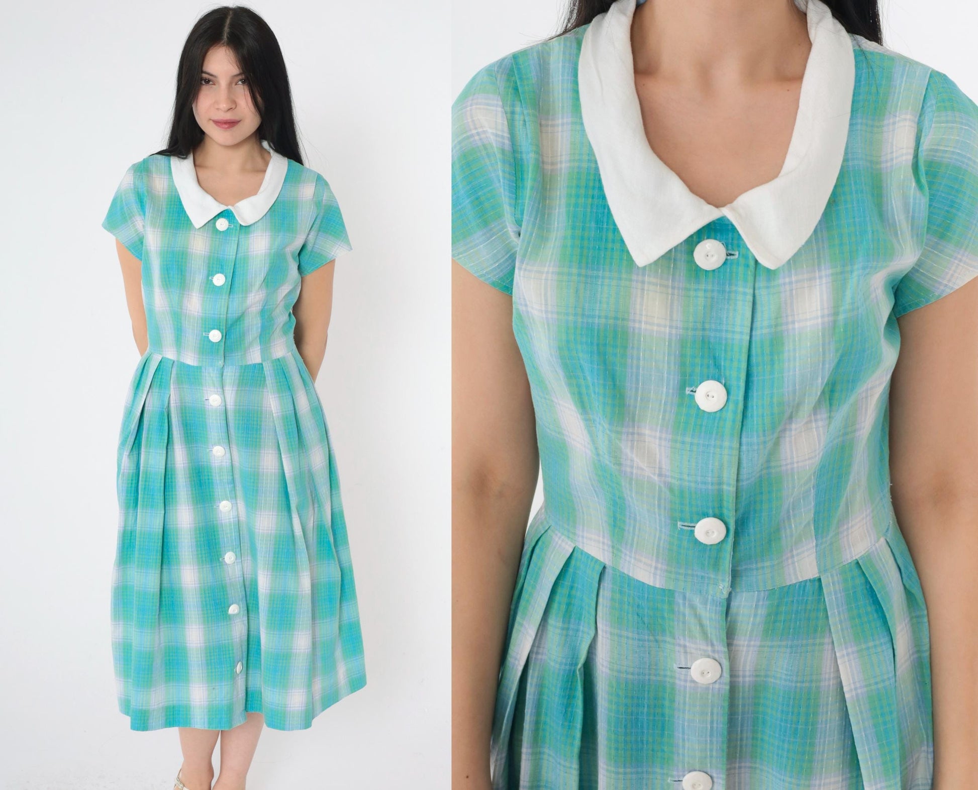 60s Plaid Button-Up Shirtdress High Waist Midi Blue Green Small S