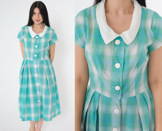 60s Plaid Button-Up Shirtdress High Waist Midi Blue Green Small S