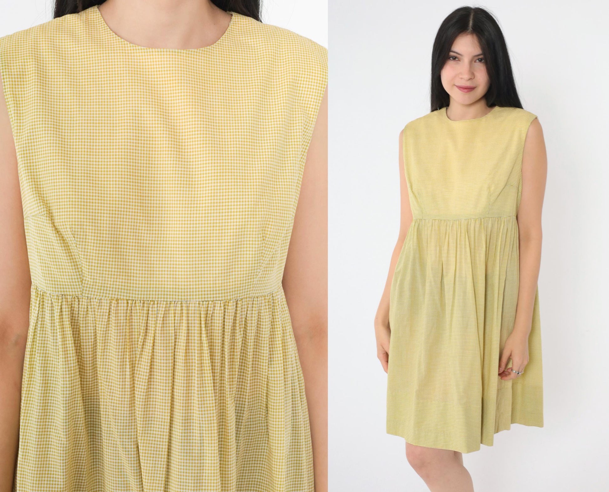 1960s Yellow Gingham Empire Waist Mini Dress Sleeveless Small Medium