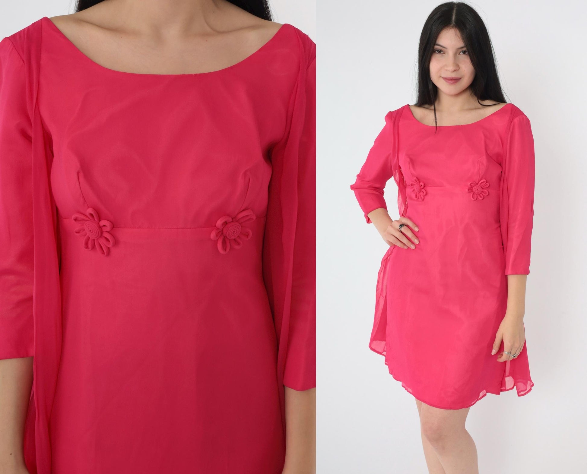 60s Pink Chiffon Mini Dress Empire Waist Floral Applique Long Sleeve Extra Small