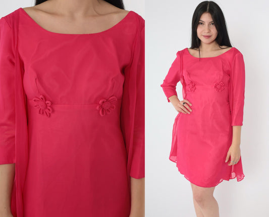 60s Pink Chiffon Mini Dress Empire Waist Floral Applique Long Sleeve Extra Small