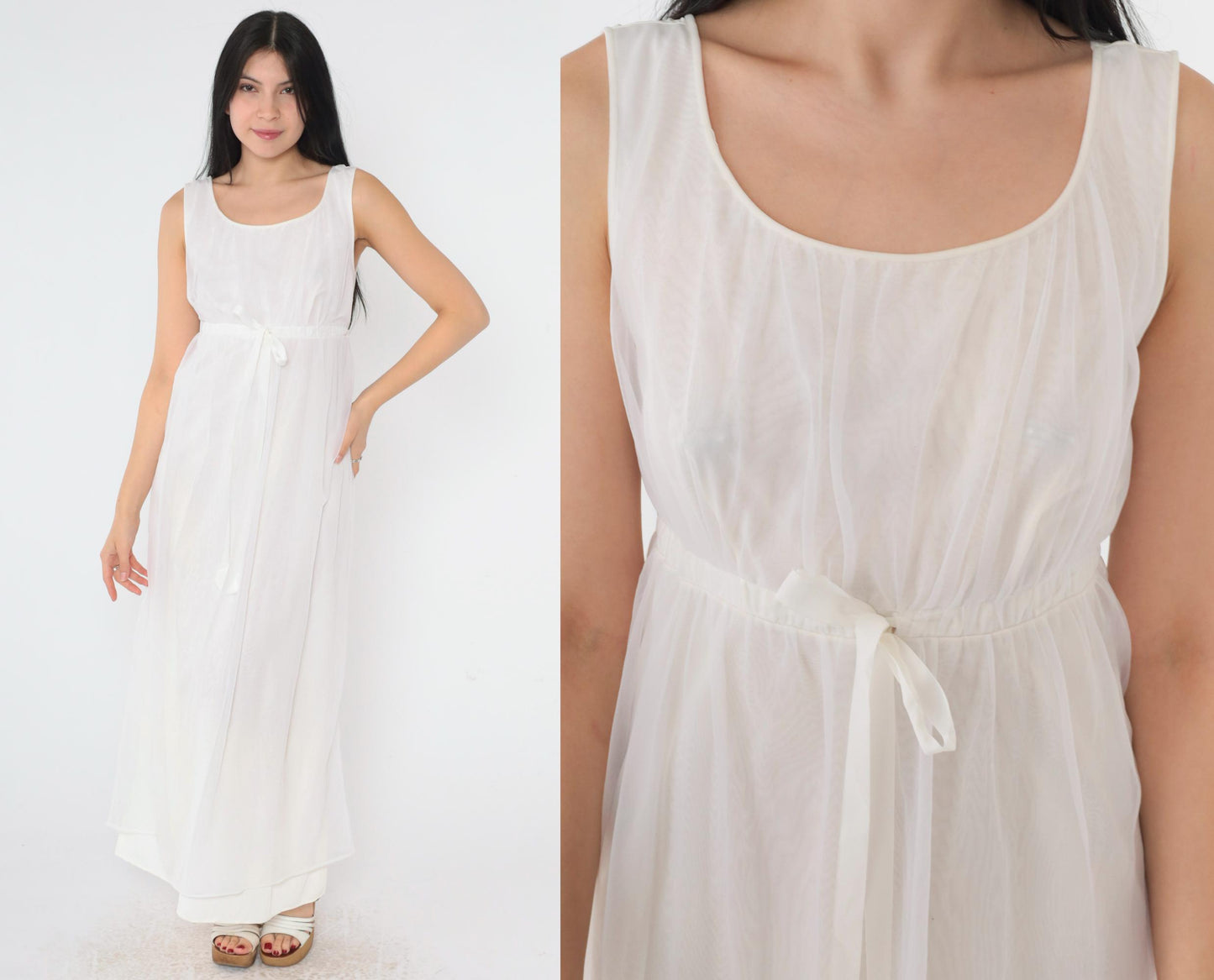 70s White Nylon Maxi Slip Dress Empire Waist Drawstring Scoop Neck Small