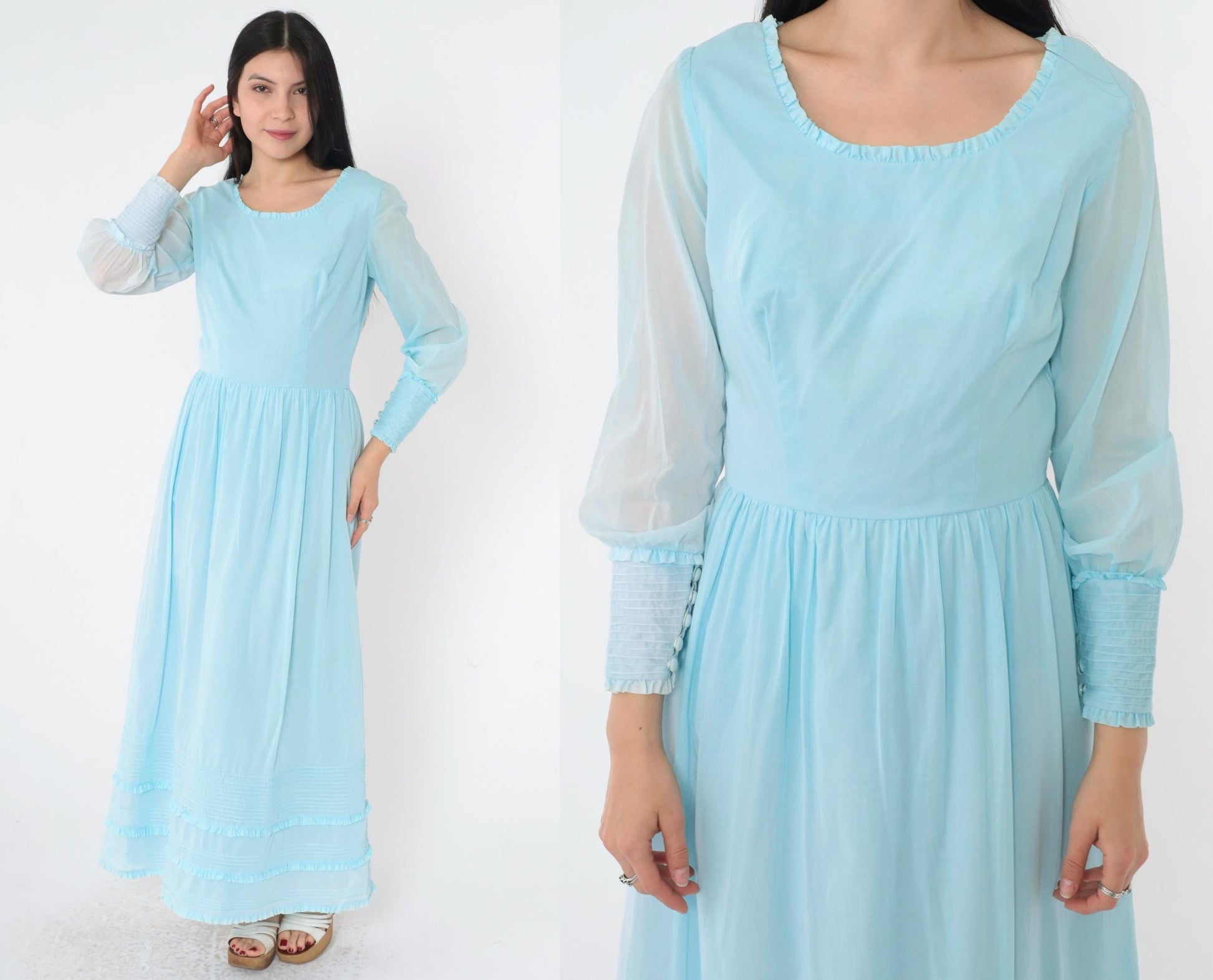 1970s Baby Blue Maxi Dress High Waist Scoop Neck Long Sleeve Ruffled Small