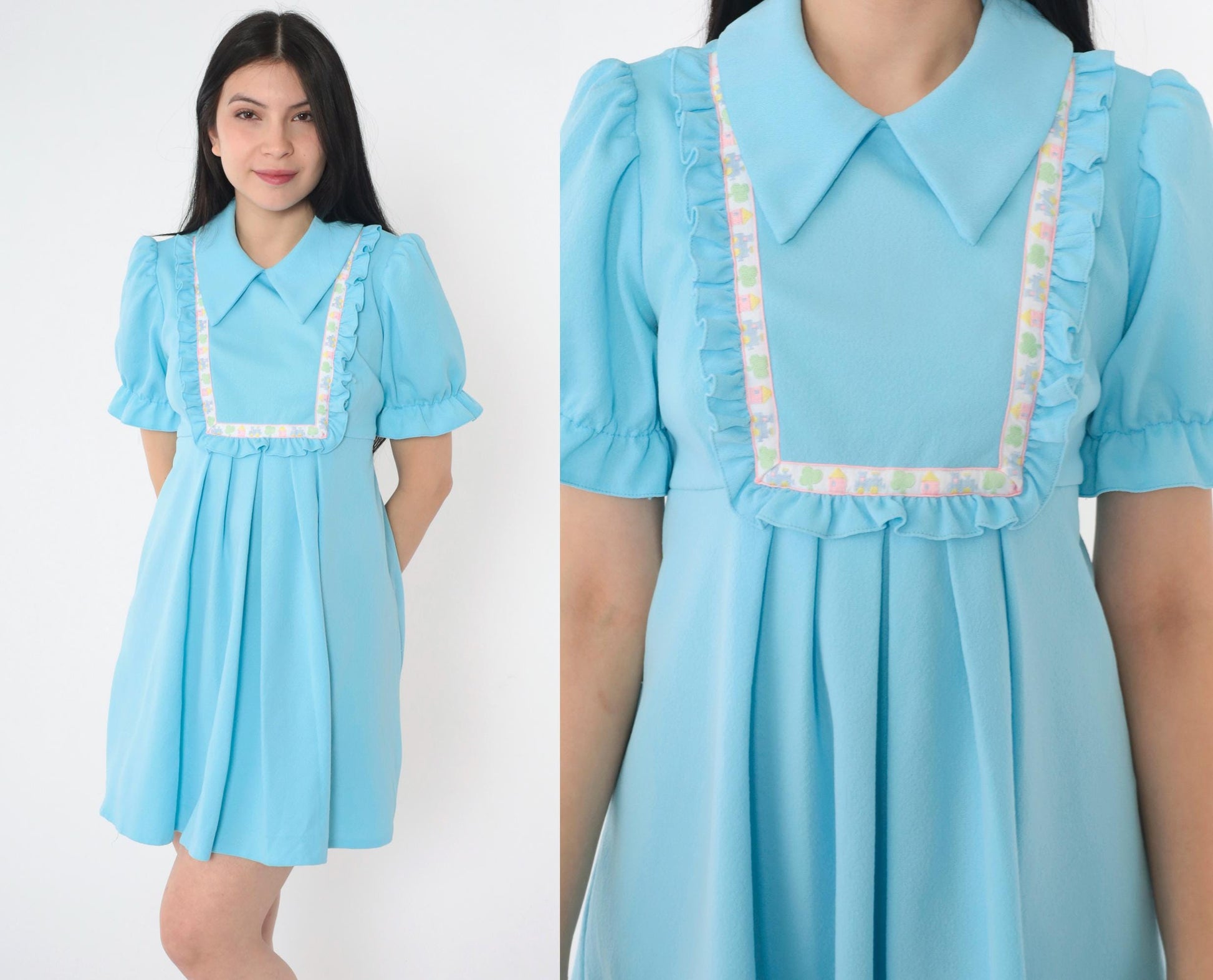 1970s Babydoll Mini Dress Empire Waist Puff Sleeve Blue Embroidered Bib Small