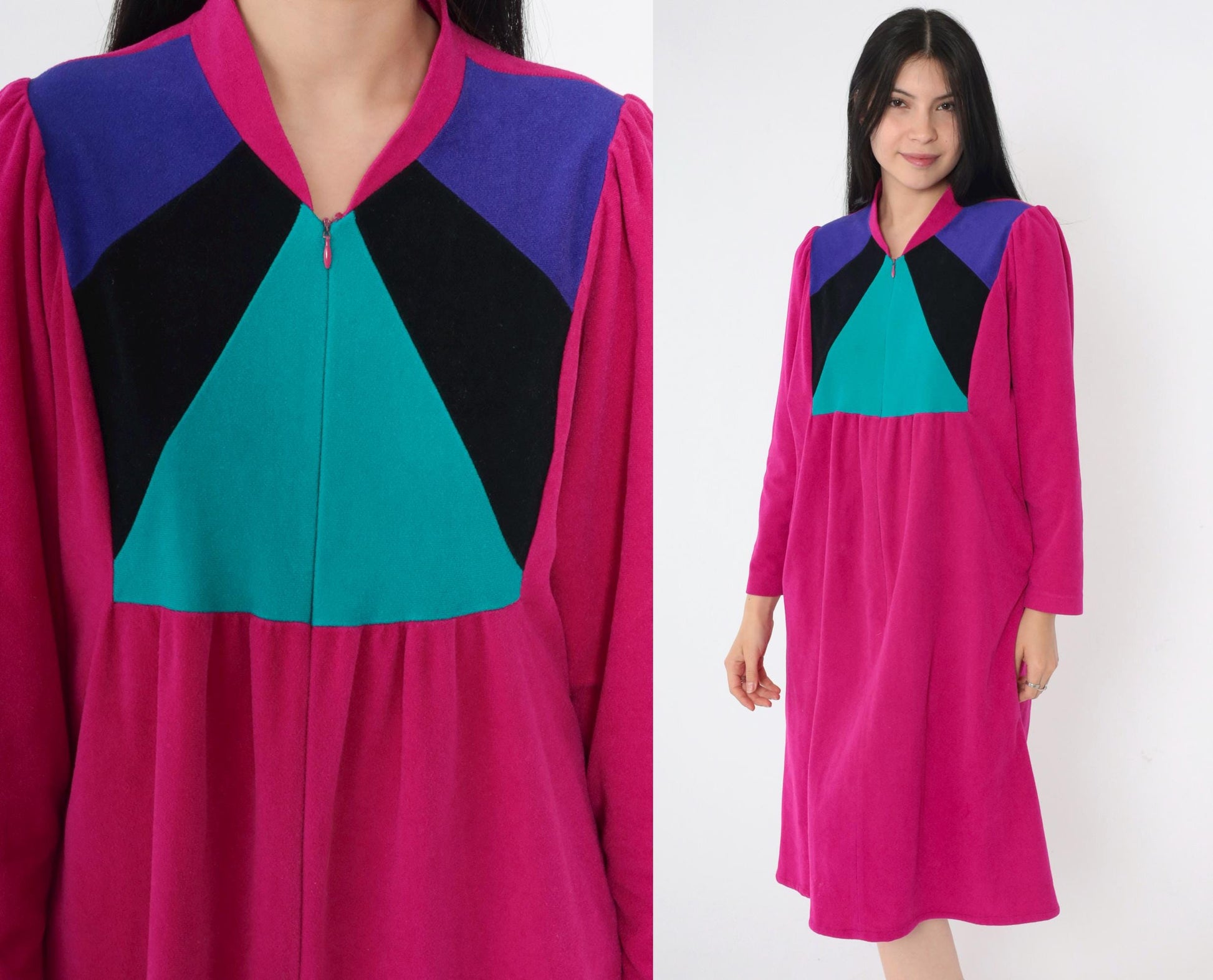 80s Vassarette Velour Lounge Dress Fuchsia Color Block Midi Zip Front Medium M