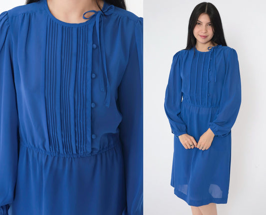 80s Sheer Blue Shirtwaist Midi Dress Puff Sleeve High Waist Small Medium