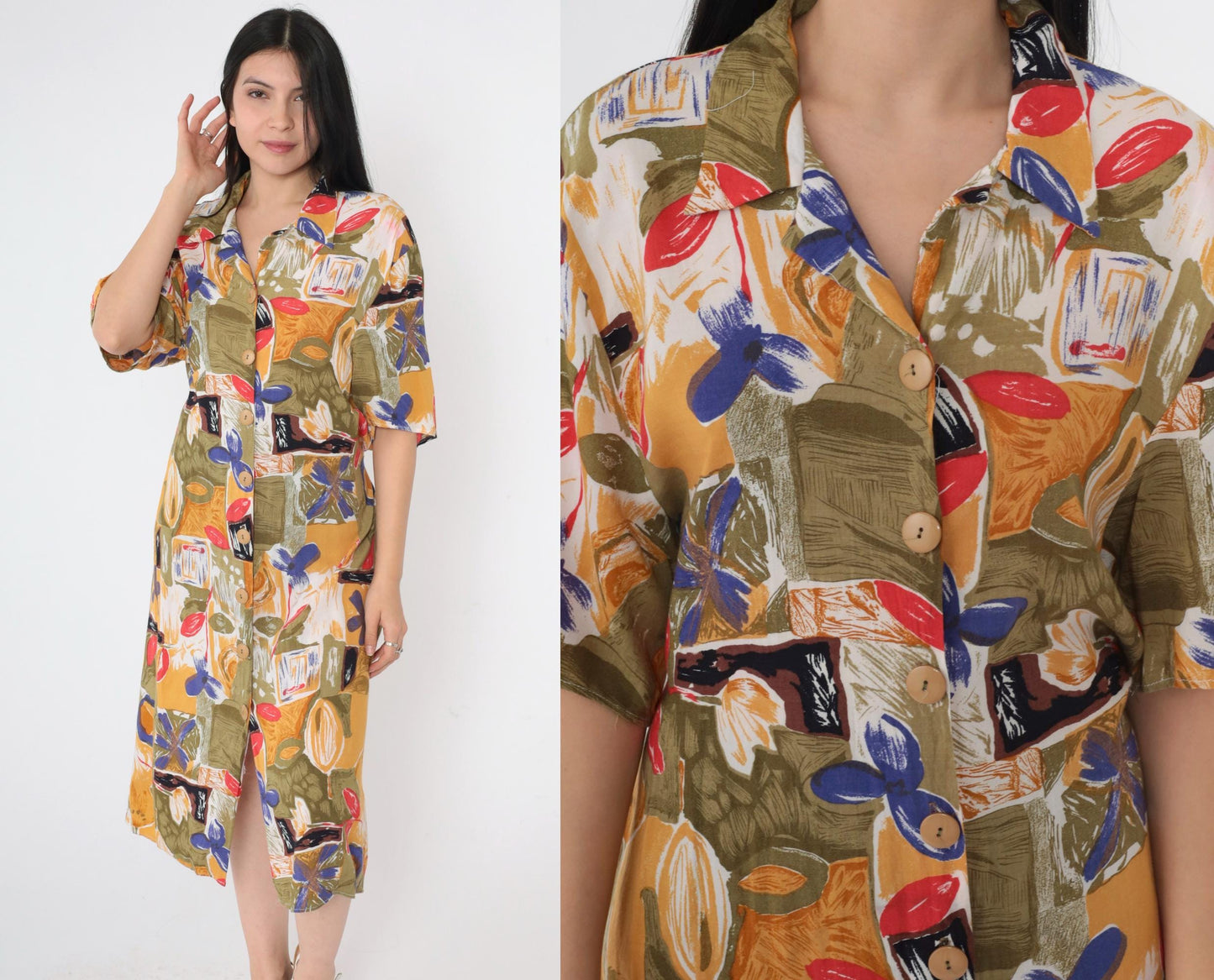90s Abstract Floral Midi Shirt Dress Button Up Rayon Olive Green Yellow Large